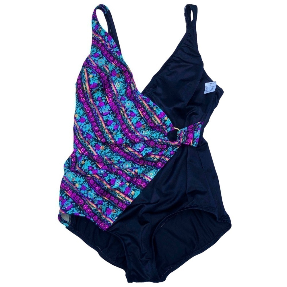 NWT MAXINE OF HOLLYWOOD Black Purple Blue Gold Wrap One Piece Swimsuit Size 18W